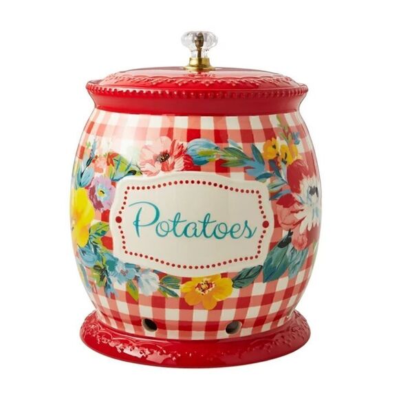 🦋 New Pioneer Woman Sweet Romance Red Gingham Ceramic Potatoes Keeper with Lid - Picture 3 of 9